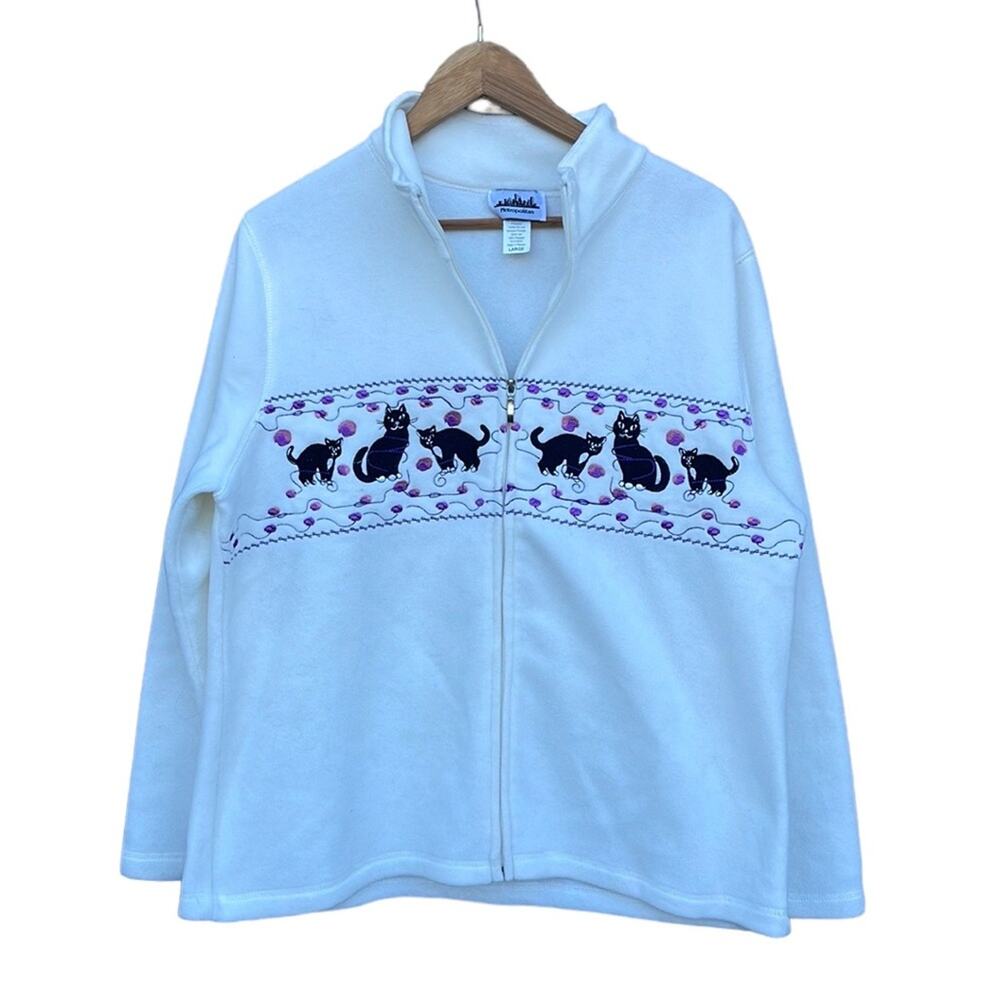 Metropolitan white fleece full zip lighweight jacket cat print size large 44/46
